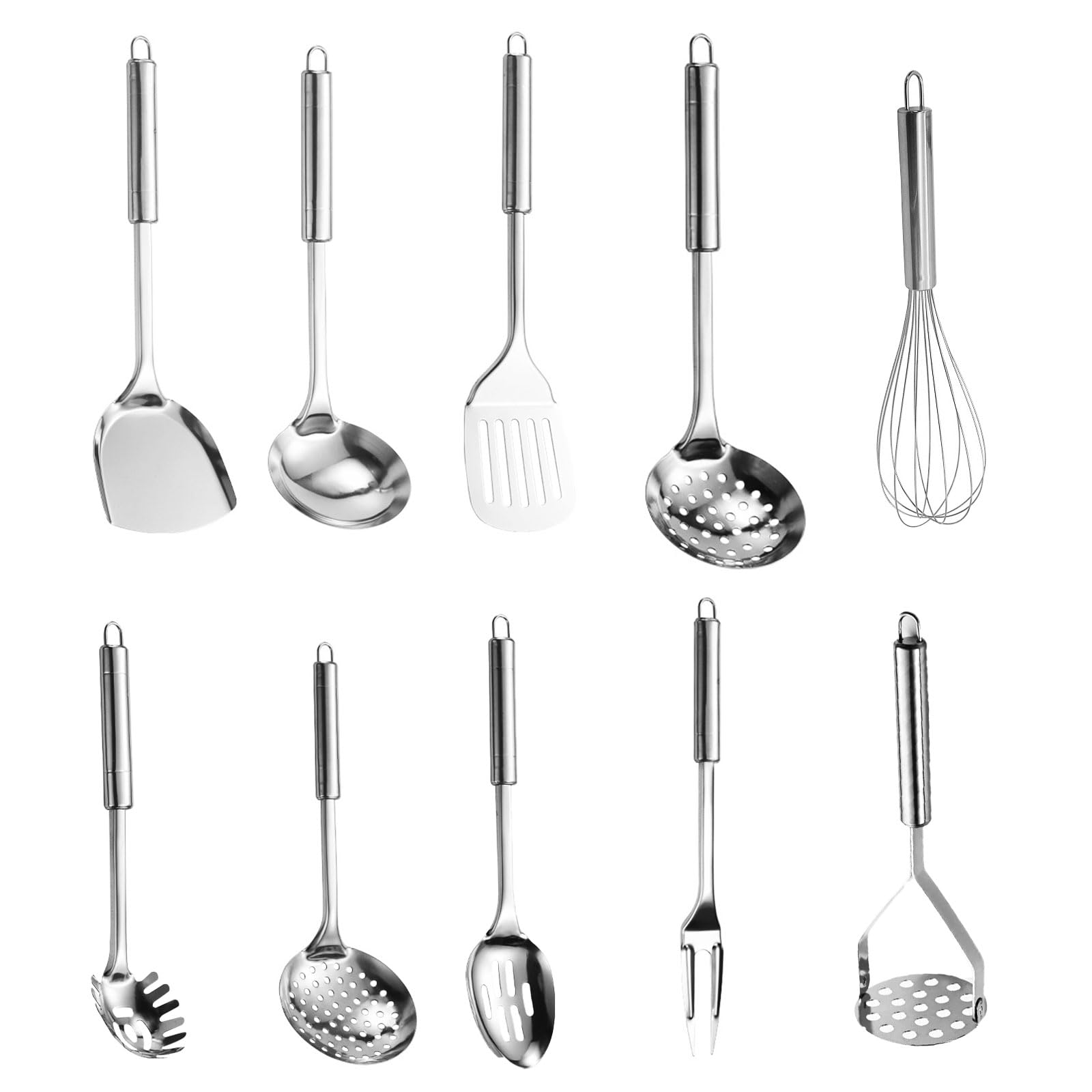 10er Küchenhelfer Set Küchenutensilien Edelstahl Kochlöffel Set Edelstahl Küchen Utensilien Set mit Pfannenwender, Suppenkelle, Schaumlöffel, Schneebesen usw