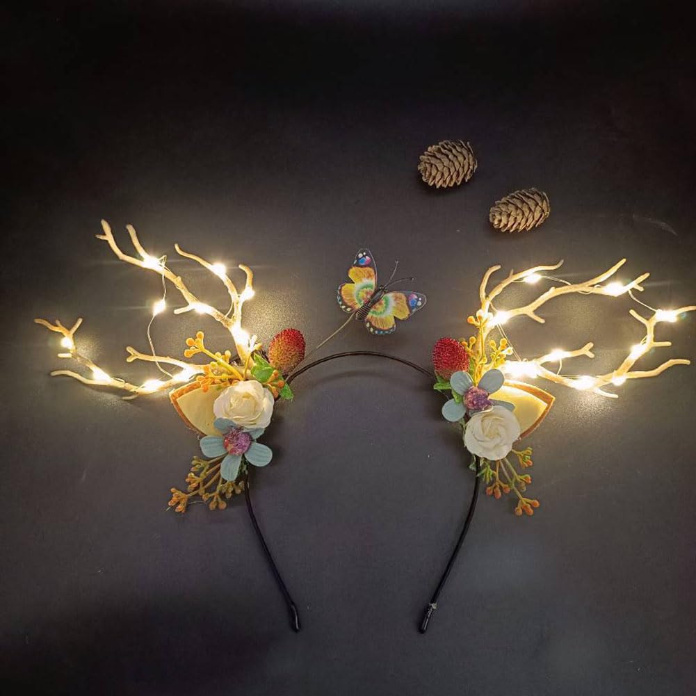 Wedity LED Christmas Headband Light up Deer Antlers Headpiece Reindeer Ears Headbands Holiday Headpiece Xmas Hair Accessories (Warm white light)