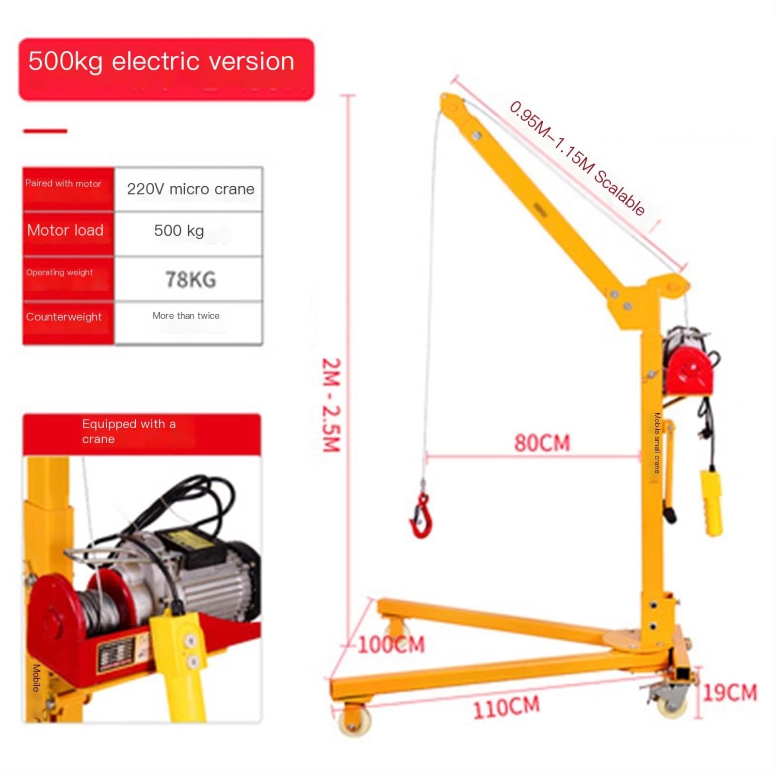 SDdPulse Grúa pequeña de manivela móvil, elevador de grúa pequeña portátil para el hogar, 500 kg de manivela + eléctrica, eléctrica de 500 kg y 24 V