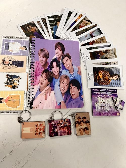 CRAFT MANIACS BTS PURPLE SUIT UP STATIONERY COMBO : DIARY, 1 WOODEN PUZZLE, SET OF 16 LOMO CARDS, 4 MAGNETIC BOOKMARKS & 3 WOODEN KEYCHAINS | BEST GIFT FOR BTS ARMY & KPOP FANS