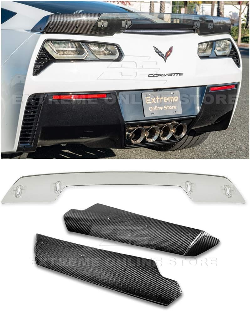 Extreme Online Store Replacement for 2014-2019 Chevrolet Corvette C7 | Z06 Stage 3 GM Factory Style Carbon Fiber Rear Wing Spoiler Side Winglets Extension Pair with Light Tinted Center Wickerbill