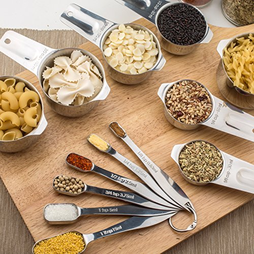 13-Piece Measuring Cups And Spoons Set, 18/8 Stainless Steel Heavy Duty Ergonomic Handle With Ring Connector, Silver #TOP4