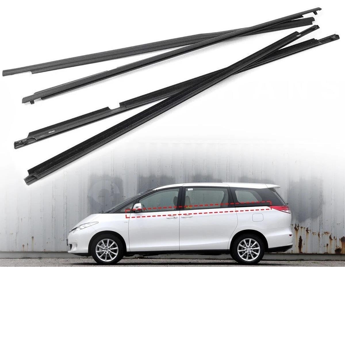 4 sztuki zewnętrznych gumek uszczelniających do okien Toyota Estima/Previa 2.4/3.5 ACR50 GSR50 (06-19) – taśma uszczelniająca, listwa ozdobna, uszczelka do drzwi przesuwnych
