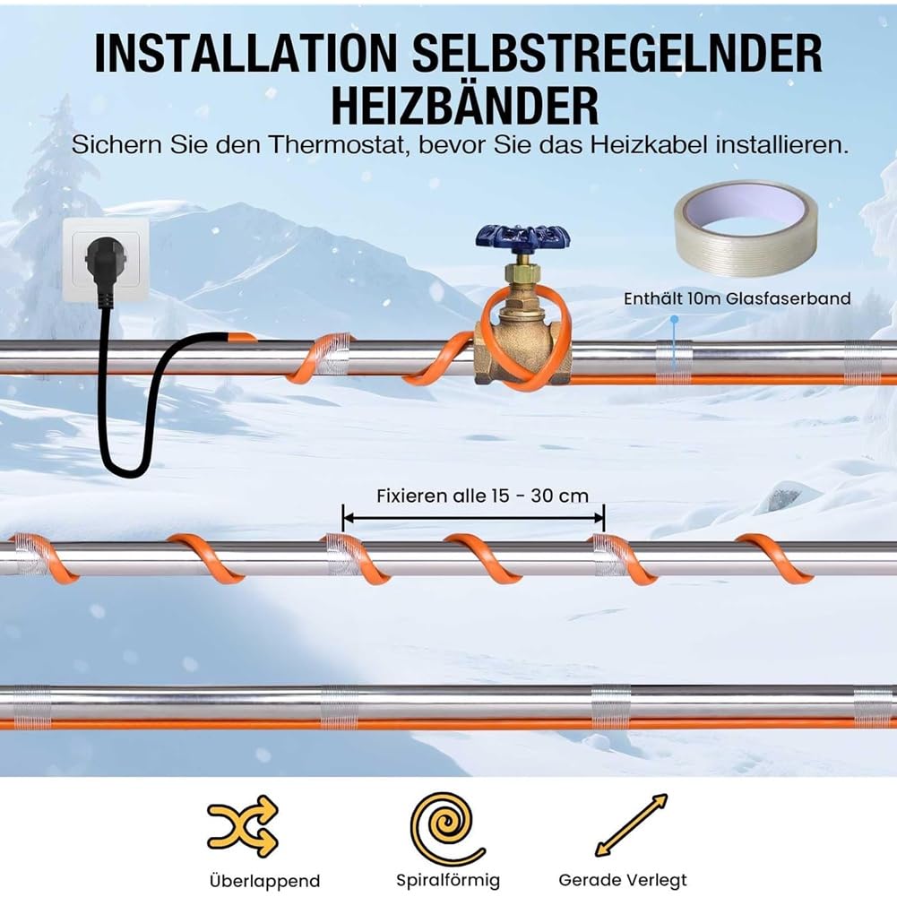 Selbstregulierendes Heizkabel 4 M mit Frostschutz für Wasserleitungen, Wasserdicht, für Gleichzeitiges Heizen, EU-Stecker