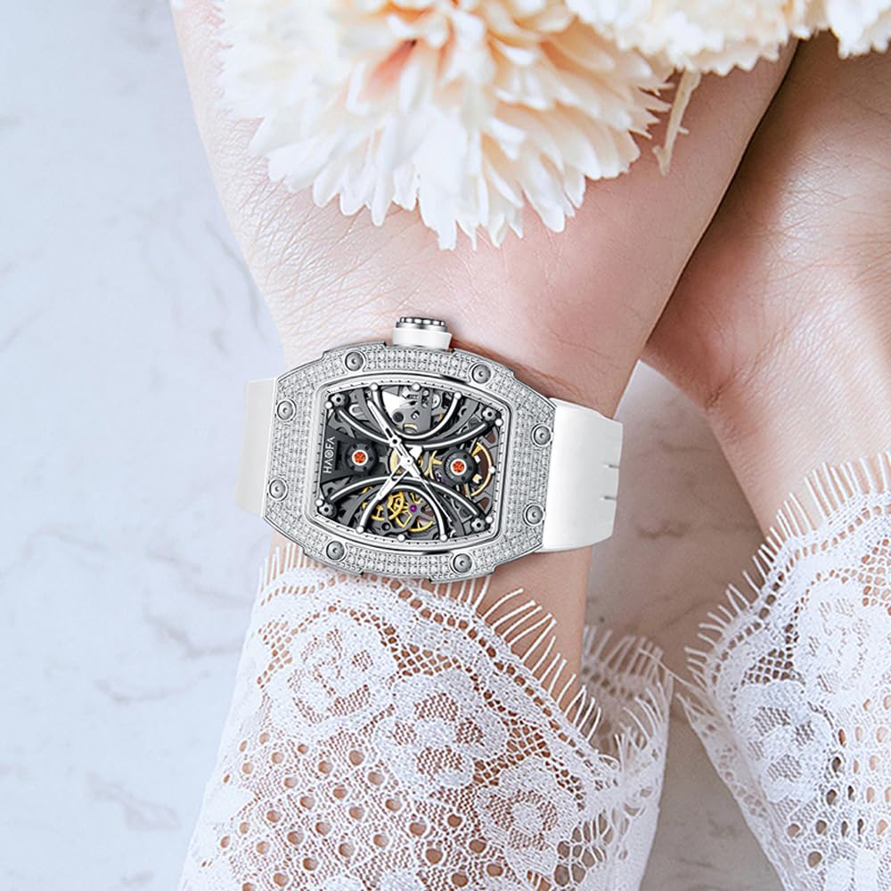 Haofa Automatikuhr für Damen, Gypsophila-Gehäuse, doppelseitig, Hohle Damenuhr, Saphir, leuchtende wasserdichte Uhr, Business Casual Fashion, 1909L