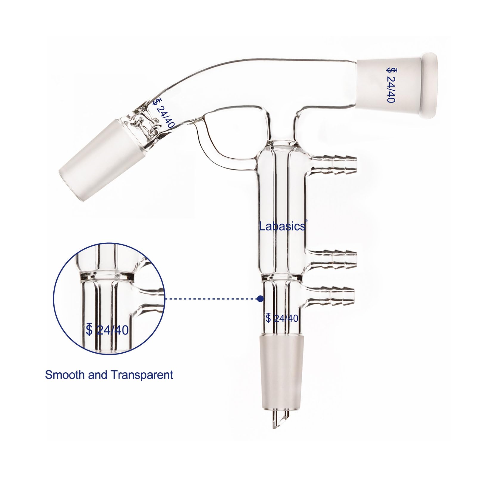 Labasics Adaptateur Distillation à Chemin Court, Verre Borosilicaté, Joint 24/40, Connexions Tuyau 10 mm, Résistant aux Produits Chimiques pour Usage en Laboratoire