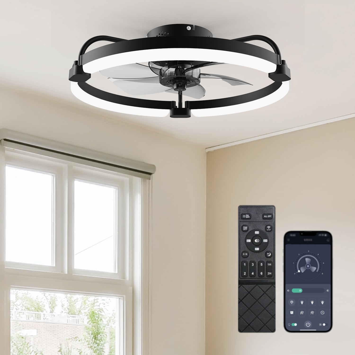 Ensenior Deckenventilator mit Beleuchtung, 50cm Deckenlampe mit Ventilator & Fernbedienung, 6 Geschwindigkeiten Leise, Stufenlos Dimmbar (3000K-6500K), Flaches Design für Schlafzimmer Büro - Schwarz