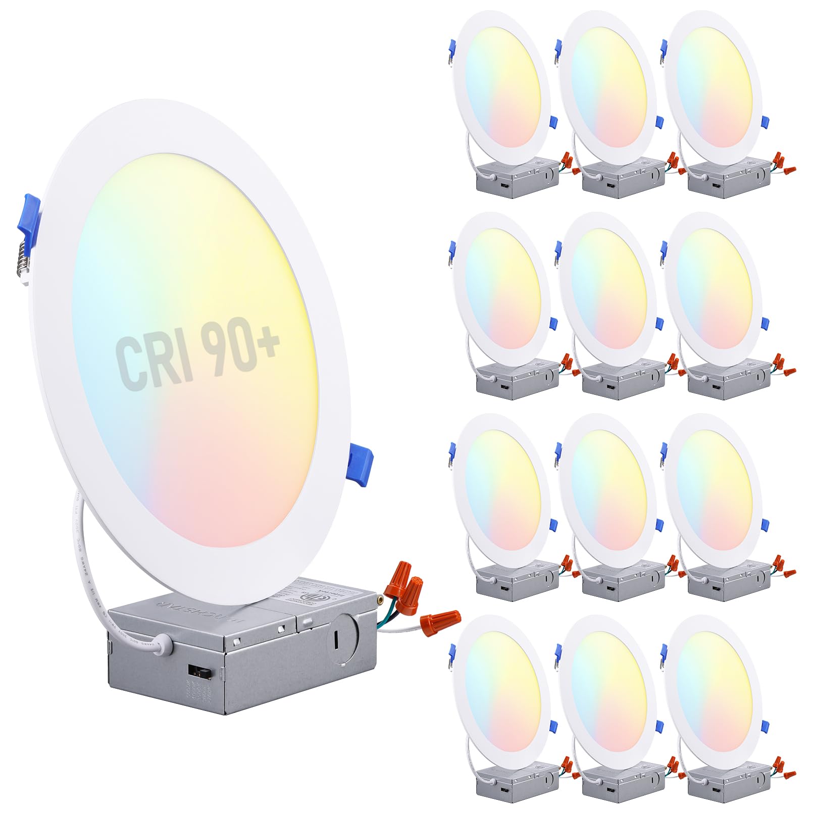 TORCHSTAR Seria Basic 12-pak 5CCT 8-calowe ultracienkie oświetlenie LED do zabudowy z J Box, CRI90, aluminium, 2700K3000K3500K4000K5000K, 5%-100% ściemniana wąska oprawa wpuszczana, 18W 1450LM, ETL i