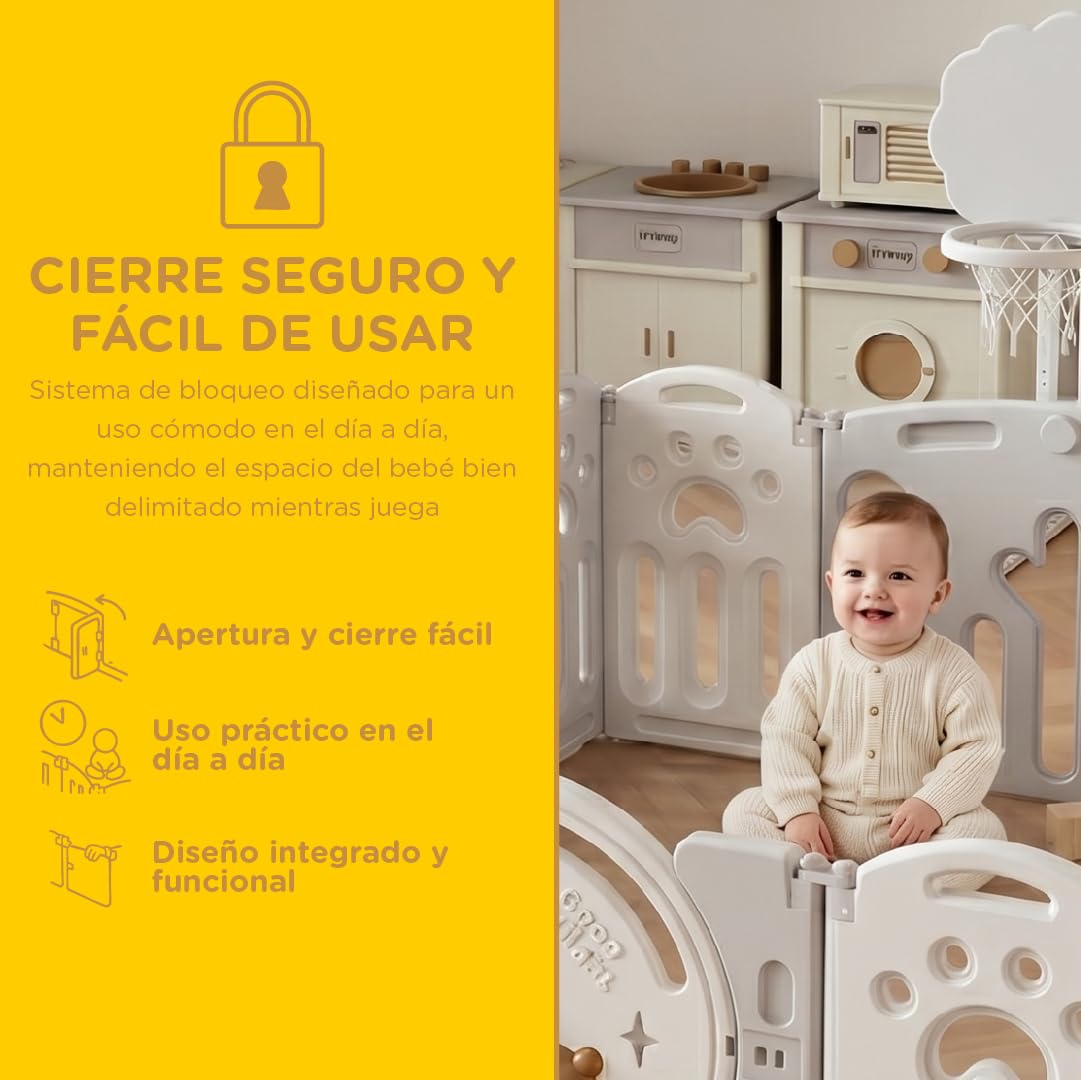 Parque Infantil 180x150cm Corralito para Juegos de Bebe Plegable con Puerta LED y Canasta con 20 Bolas y Paneles de Seguridad HDPE Sin BPA Parque Bebé Interior y Exterior Oso Luna Desarrollo Gateo