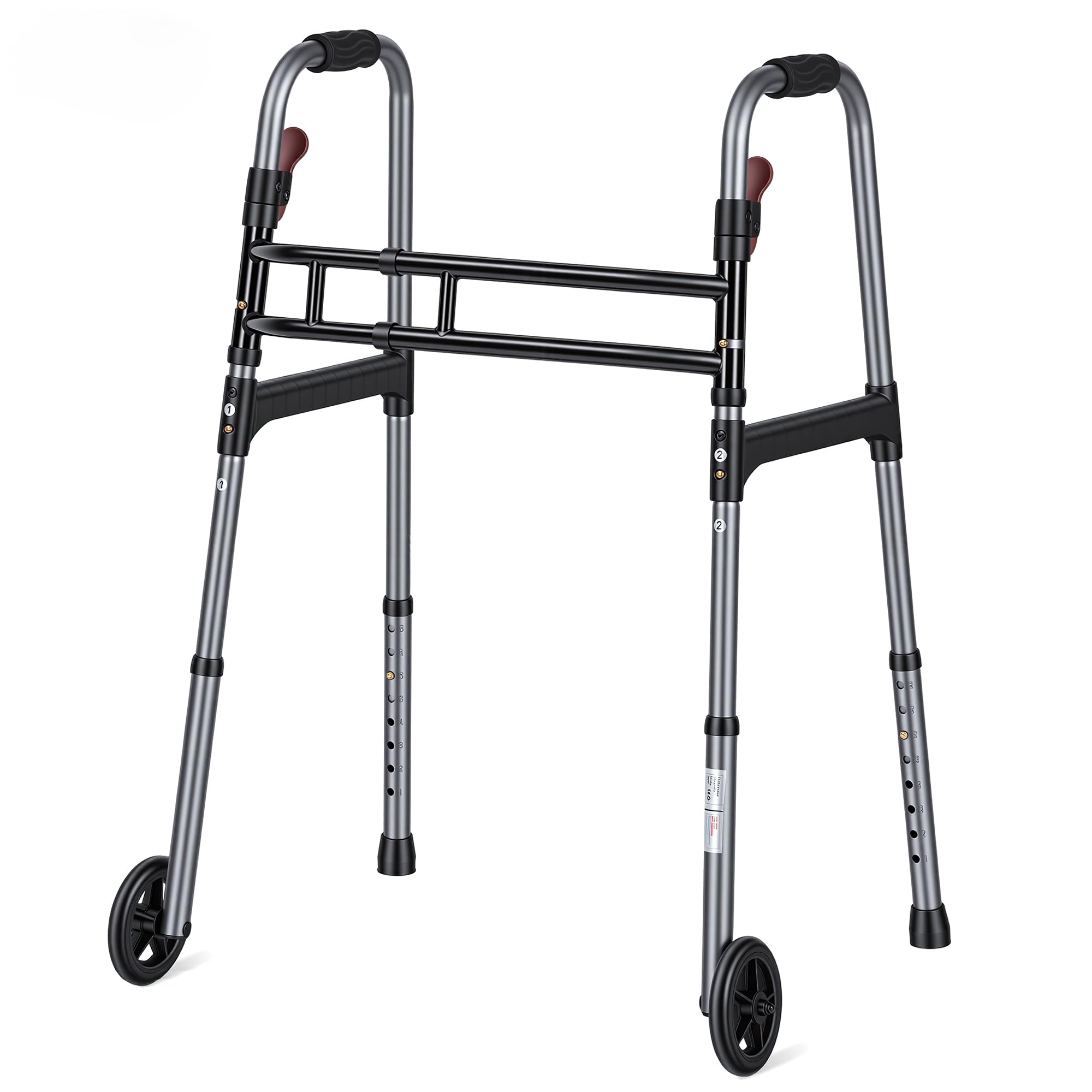 Careboda Marco plegable con diseño de barra doble, plegable y portátil con ruedas fijas de 12,7 cm, altura ajustable y función de disparador, para personas mayores y adultos