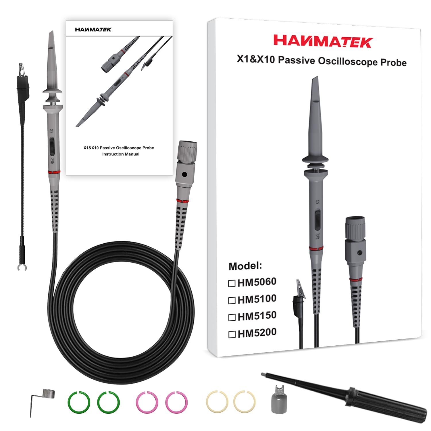 Image showing the HANMATEK HM5100 oscilloscope probe, instruction manual, and all included accessories in their packaging.