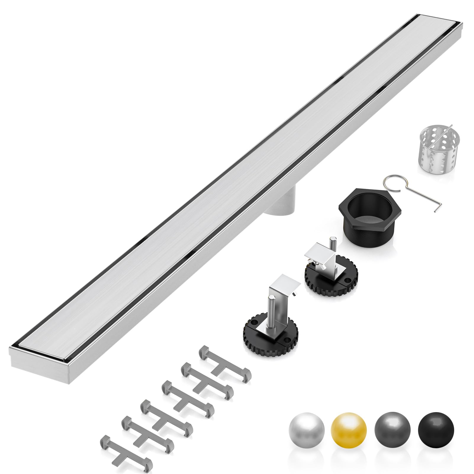 DLONE® Linear Shower Drain - 96 Inch Brushed Nickel, with Tile Insert Panel