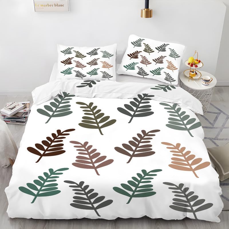 ALYOU White Plant Queen Duvet Cover Plant Pattern Bedding Set 3 Piece, Comfort Fluffy Microfiber Comforter Cover and 2 Pillowcases 20" x 26" with