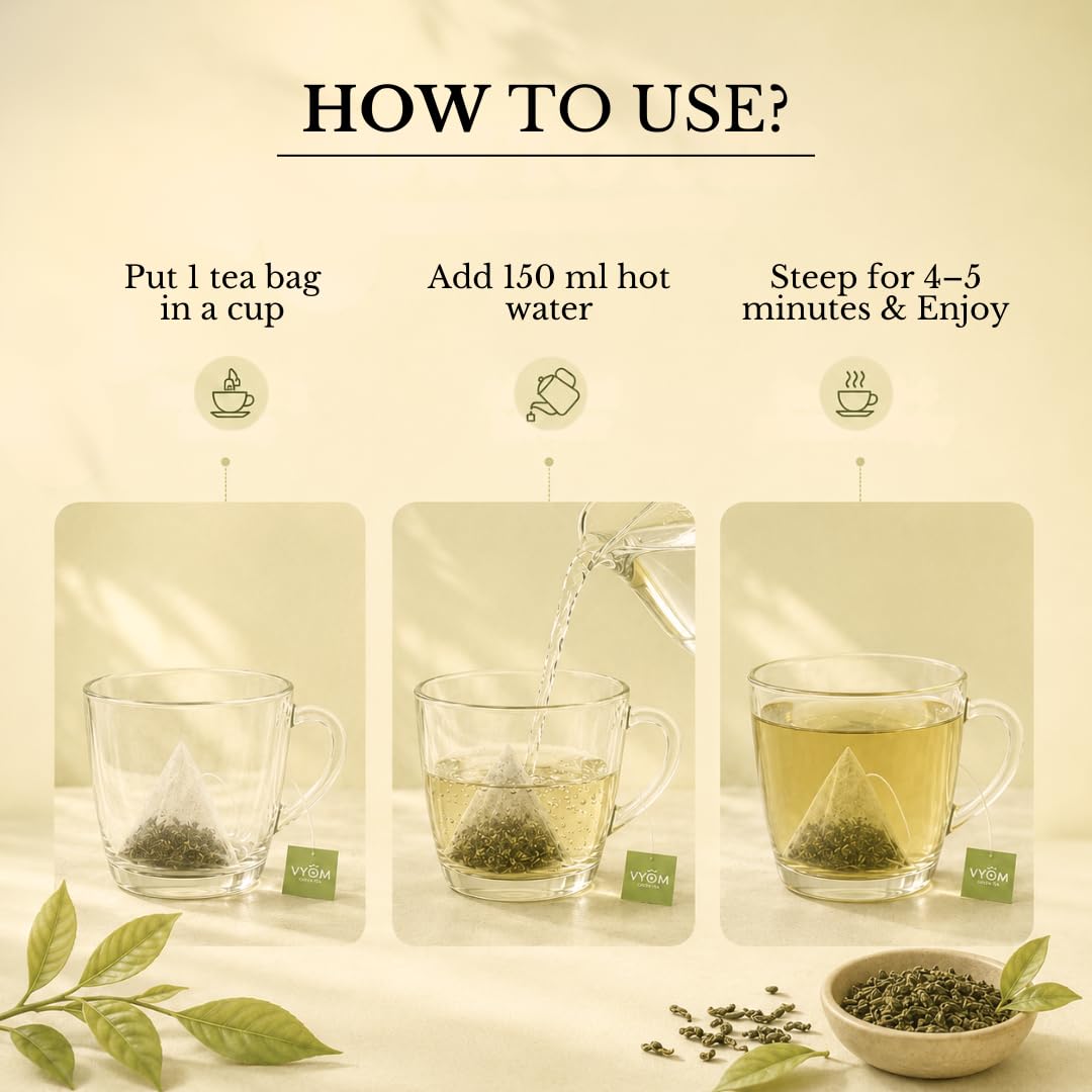 VYOM INDIA Organics Green Tea For Weight Loss - 15 Bags | Anti Aging, Cognitive Booster, Strengthen The Function Of Brain, Reduces Stress, Boost Metabolism | Tulsi & Lemongrass Flavour product image 7