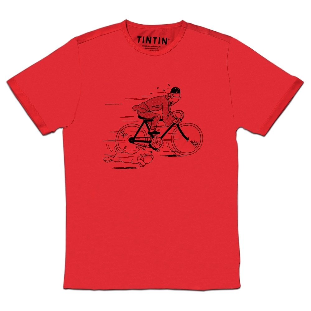 T-shirt Tintin en vélo rouge S pour un style urbain et décontracté