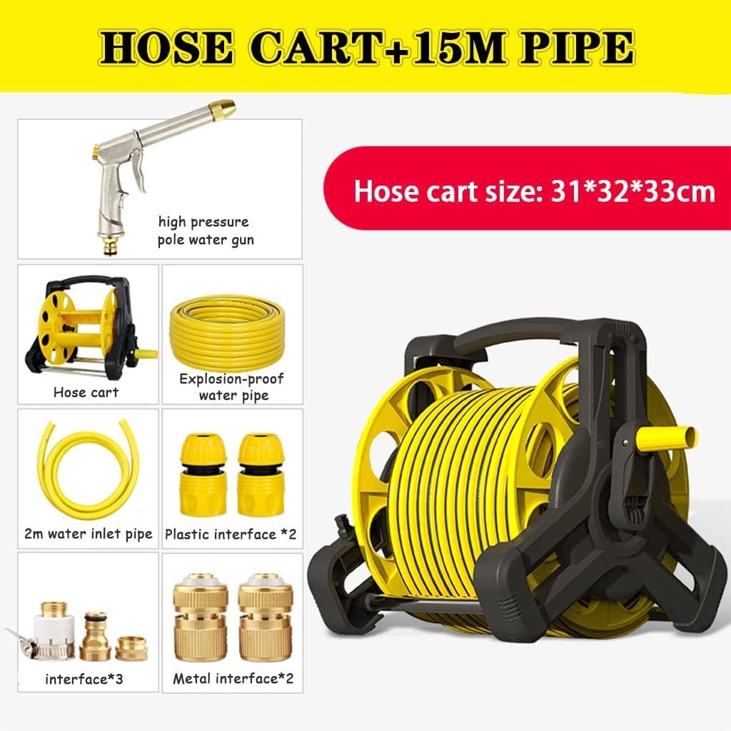 Wózek Na Wąż Do Nawadniania Ogrodu, Zewnątrz Wysokociśnieniowy Zestaw Do Mycia Samochodu PP Fajki Wodne Przechowywania Bezpłatna Instalacja(Hose Cart+15m Pipe)