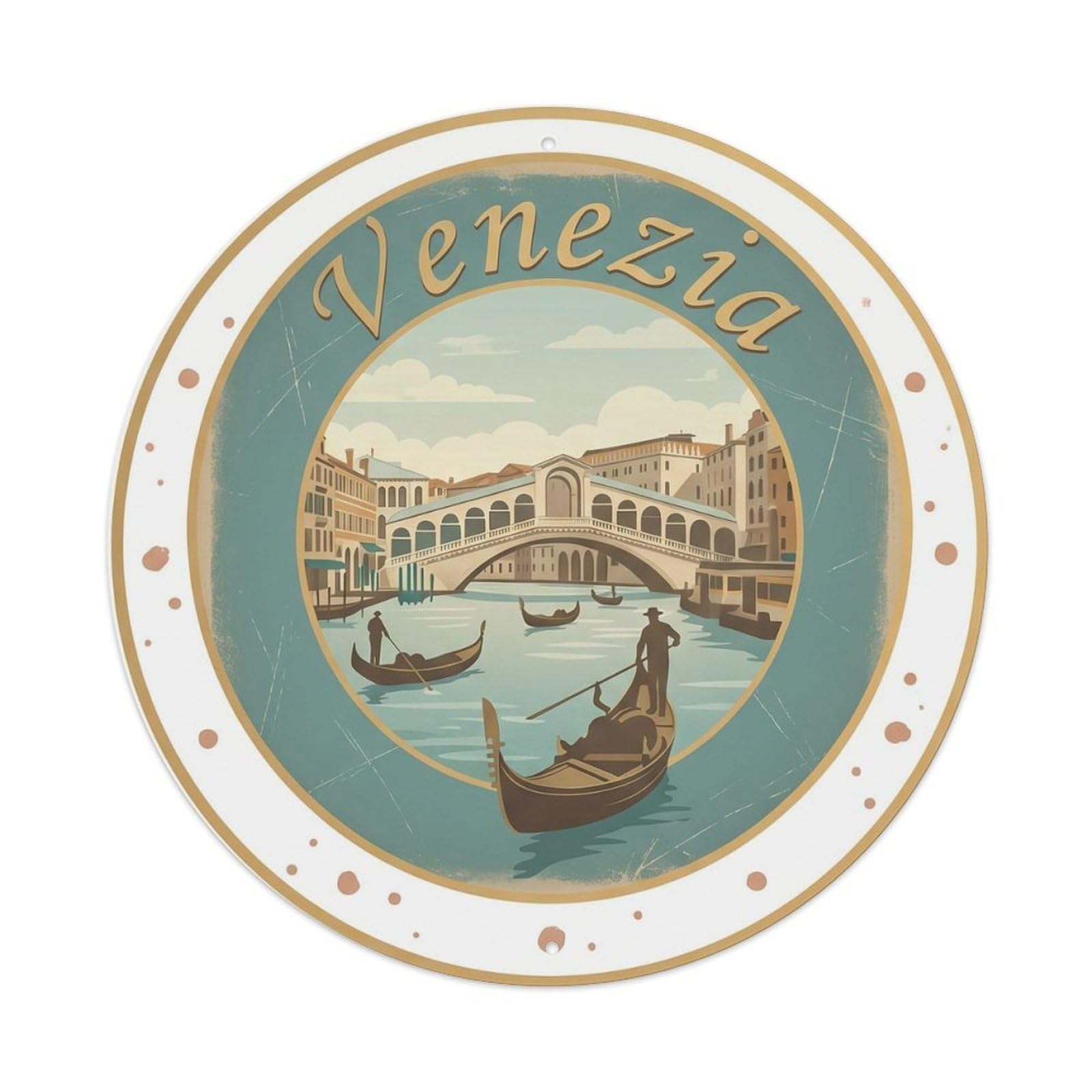 Vintage Travel Venetian Gondola Europe Metal Tin Sign Plaque Wall Decor for Cafe, Club Bar, Office, Home Garden Round Metal Poster 8x8Inch