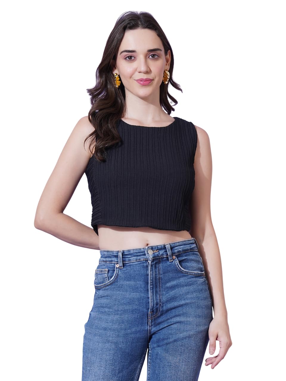Women's Solid Poly Cotton Regular Fit Round Neck Sleeve Less Casual Crop Top-image-28