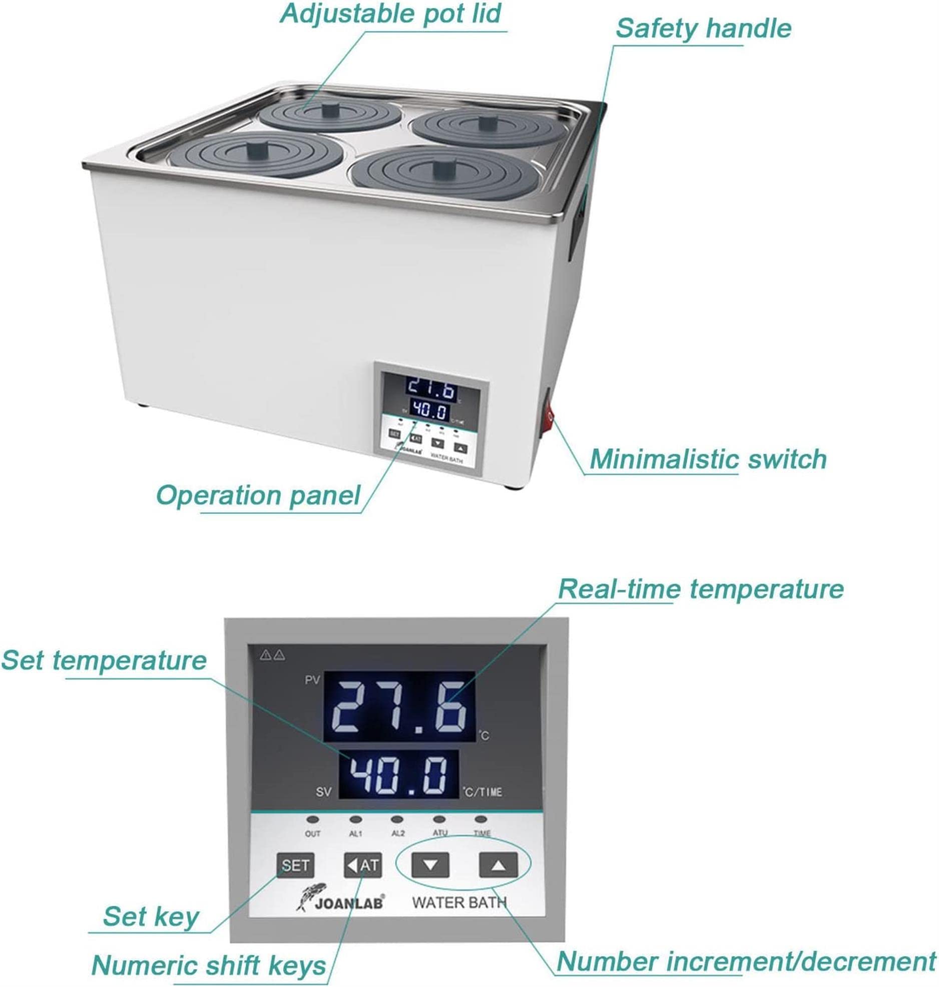 Baño María termostático Digital de Laboratorio de Doble Orificio, RT 5–99,9 °C, Tanque Interior de Acero Inoxidable Calefacción eléctrica Baño María termostático poroso, 0–999 Minutos Temporizador