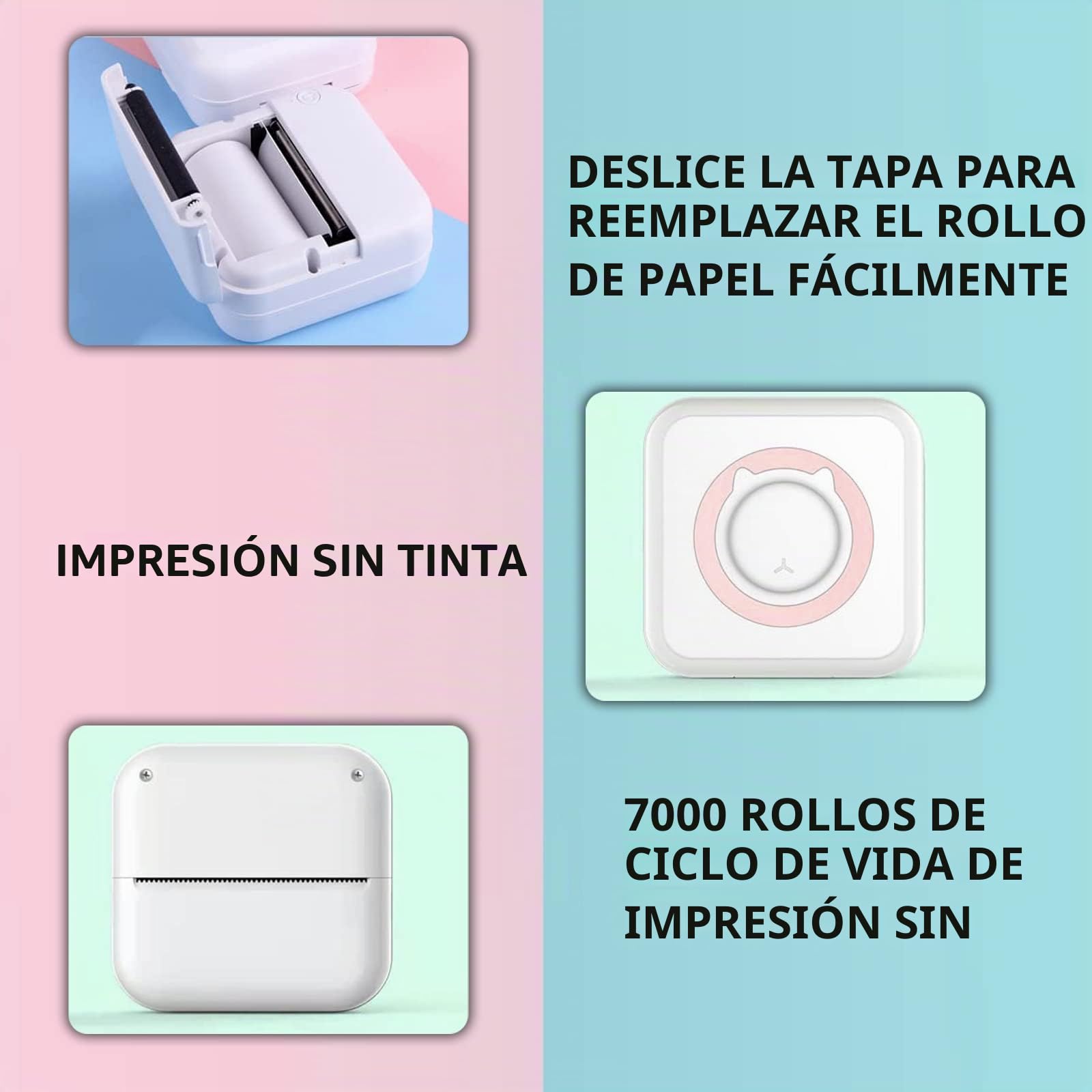 WANGCL Mini impresora fotográfica portátil de bolsillo sin tinta con 13 rollos de papel para teléfonos inteligentes inalámbricos iOS/Android (rosa)