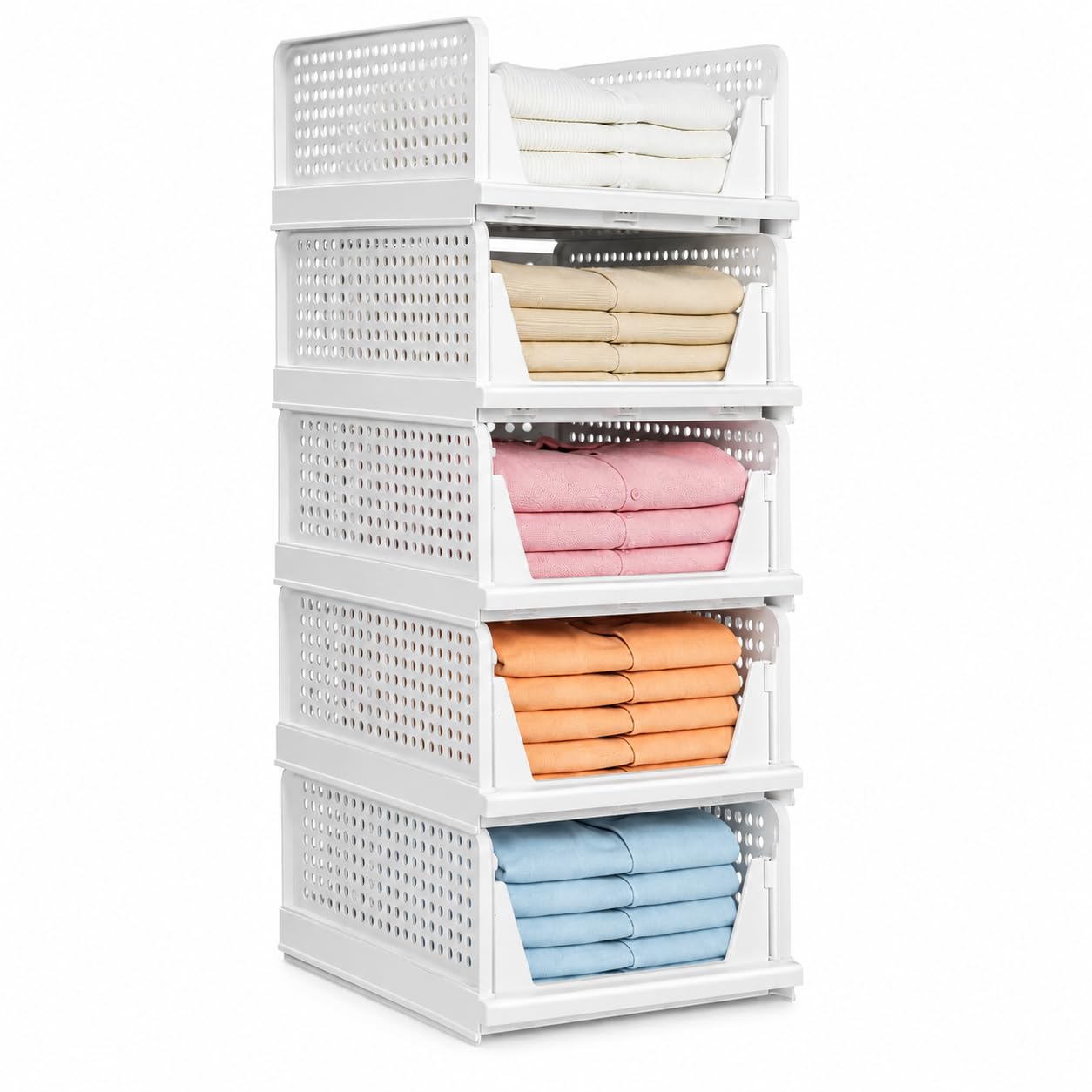MARKWELL 5 Layer Stackable Wardrobe Organizer for Clothes, Foldable Plastic Sliding Drawer Basket, Closet & Cupboard Storage for Shirts, Sarees, Towels & Toys, White, 44 x 33 x 19 cm-image-46