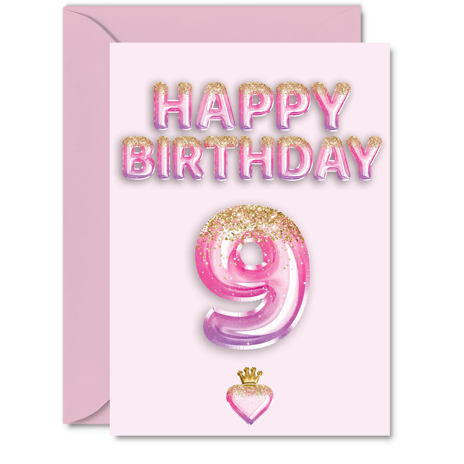 9th Birthday Cards for Girls and Boys, Pink & Purple Glitter Balloons