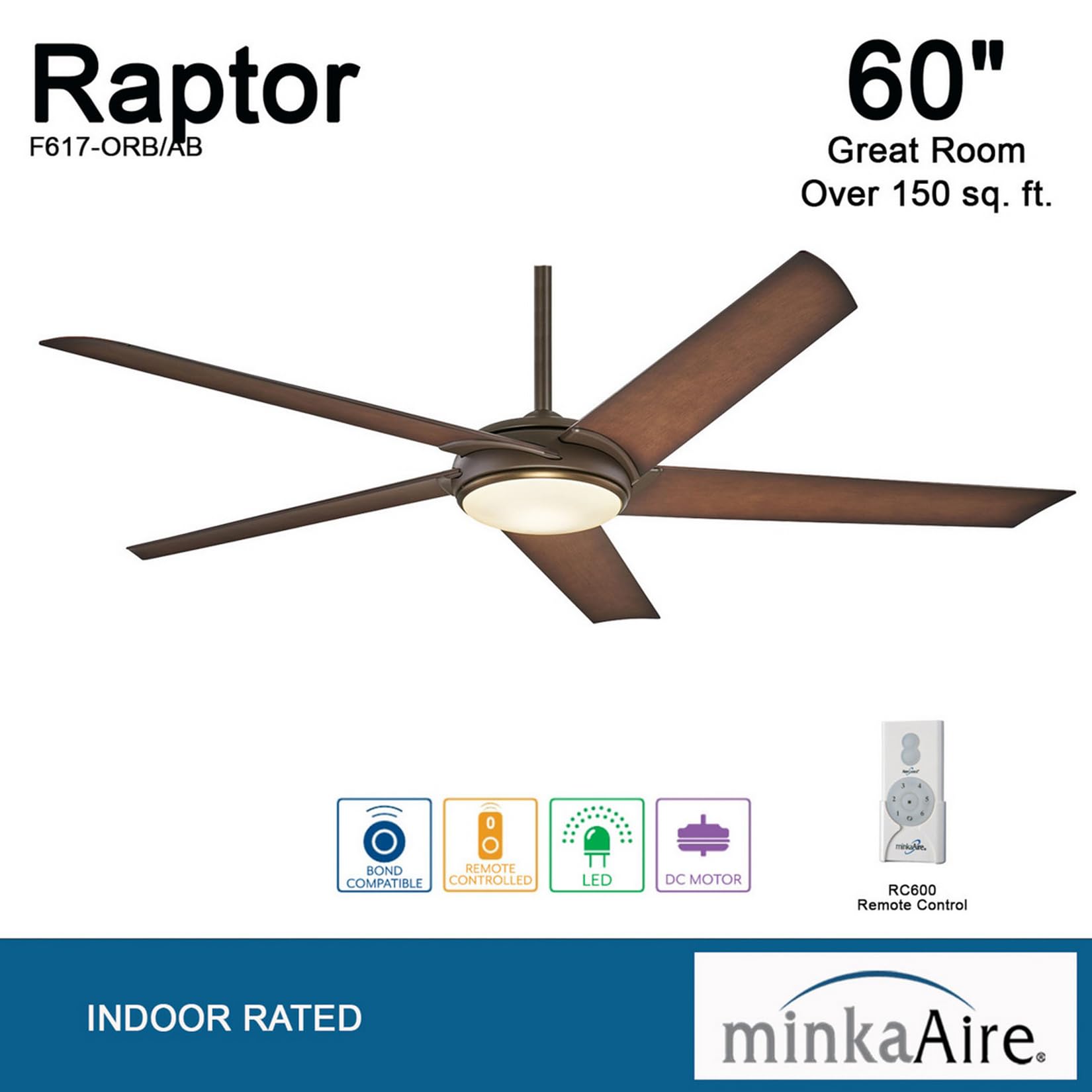 MINKA-AIRE F617L-ORB/AB Raptor LED 60 Inch Ceiling Fan with Remote