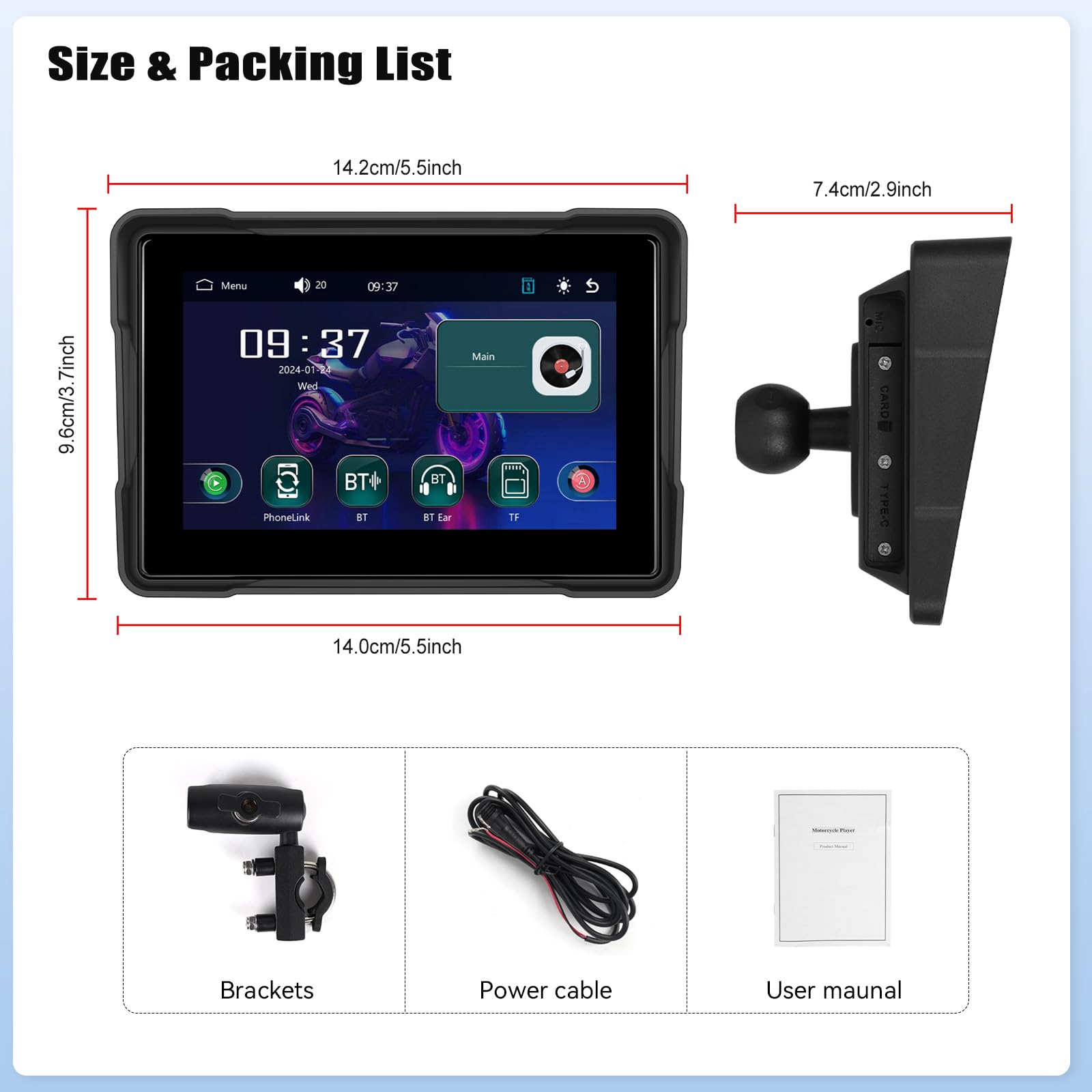 Coche de Moto Portátil con Android Auto Carplay inalámbrico 5 Pulgadas IP67 Impermeable Pantalla Táctil para Motocicletas con Cámara de Salpicadero Navegación Bluetooth Mirrorlink EQ TF Card Moto