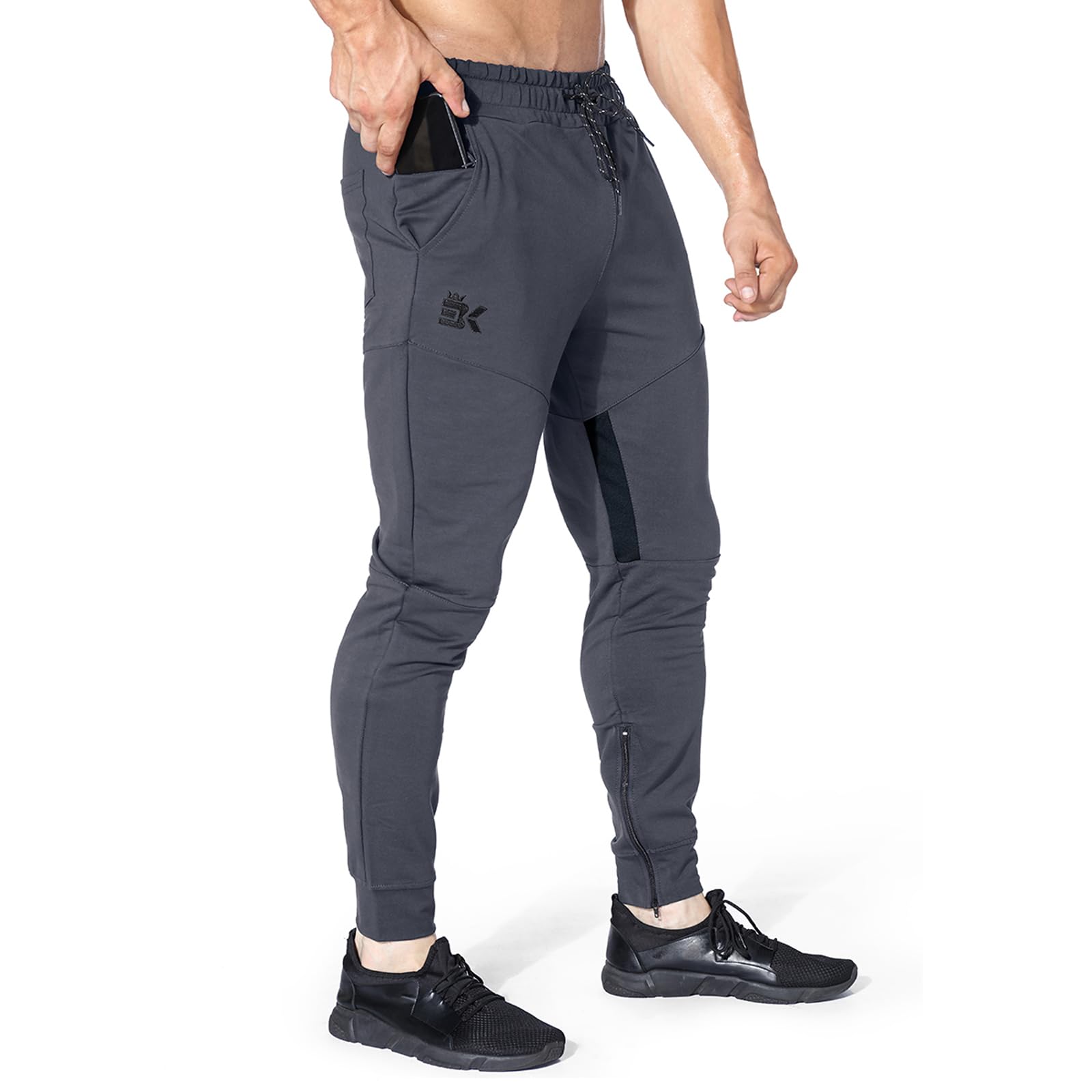 BROKIG Men Fitted Gym Sweatpants,Casual Slim Workout Jogger Pants with Zipper Pocket Bodybuilding Athletic Tapered Pants