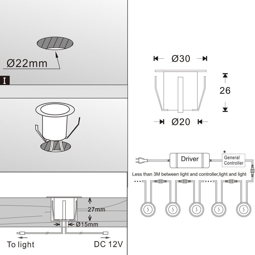 10er Set Terrassen Einbaustrahler LED Bodeneinbaustrahler Ø30mm 0.6W Aussen DC12V Kaltes Weiß IP67 Wasserdicht LED Einbauleuchten Deckenstrahler für Küche Garten Treppen Bad Balkon