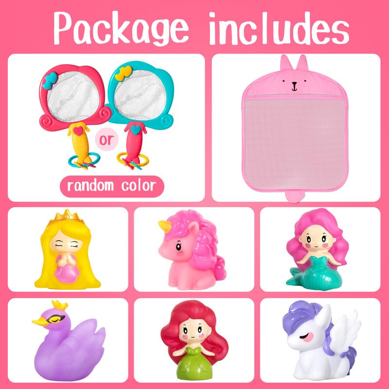 Juguetes de baño sin agujeros para bebé, juguetes de bañera para niñas con almacenamiento y red, sellados, flotan en el agua 7