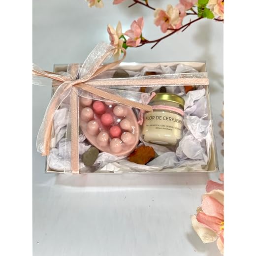 Kit Presente Vela Aromática e Sabonete Massageador Flor de Cerejeira Caixa com Laço
