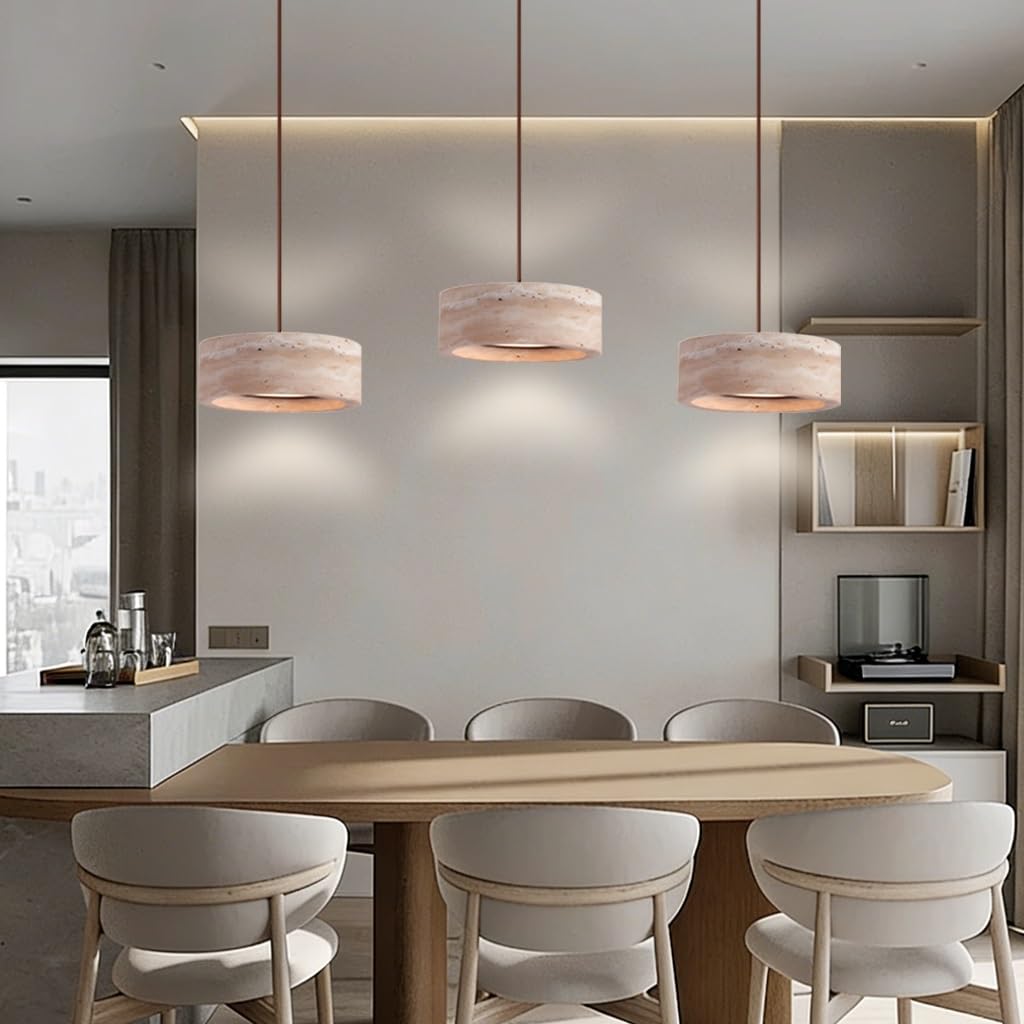 Nowoczesna Żółta Lampa Wisząca Trawertynu Skandynawska Lampa Wisząca Naturalnego Kamienia Kształcie Cylindra Drewniana Lampa Sufitowa LED Stylu Wabi-Sabi Nadaje Do Sypialni Jadalni Salonu(A1)