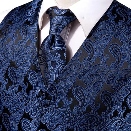 Men’s Navy Blue Paisley Silk Vest with Tie Classic Textured V-Neck Waistcoat for Wedding, Business, or Formal Party3