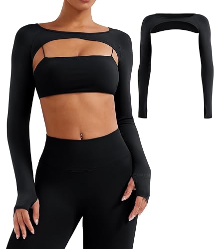 YEOREO Seamless Long Sleeve Shrug for Women Gym Crop Top Workout Cropped Sports Bolero - Black - Medium