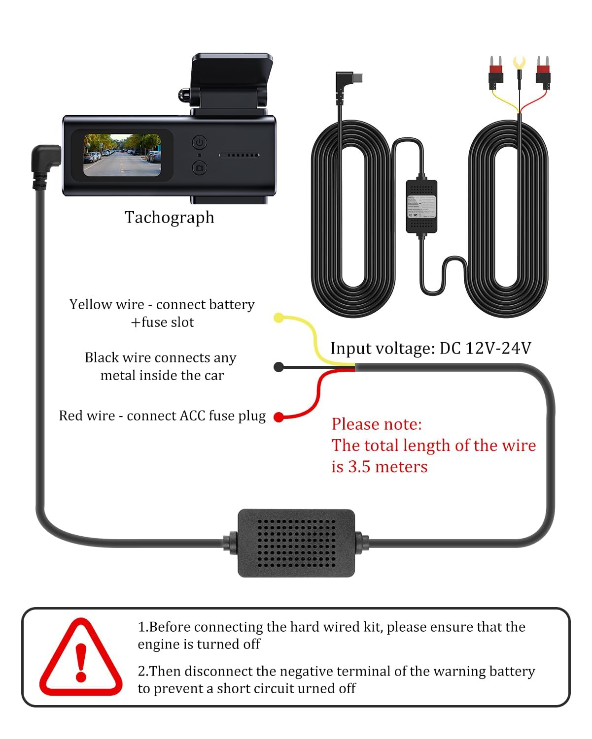 Kit Cablaggio Dashcam USB-C Kit di Cablaggio Hardwire Kit di Tipo C per Dashcam USB-C Dash Cam Hardwire Kit 3,5m DC 12V-24V a 5V/3A con Monitoraggio del 24H Parcheggio Protezione da Sottotensione