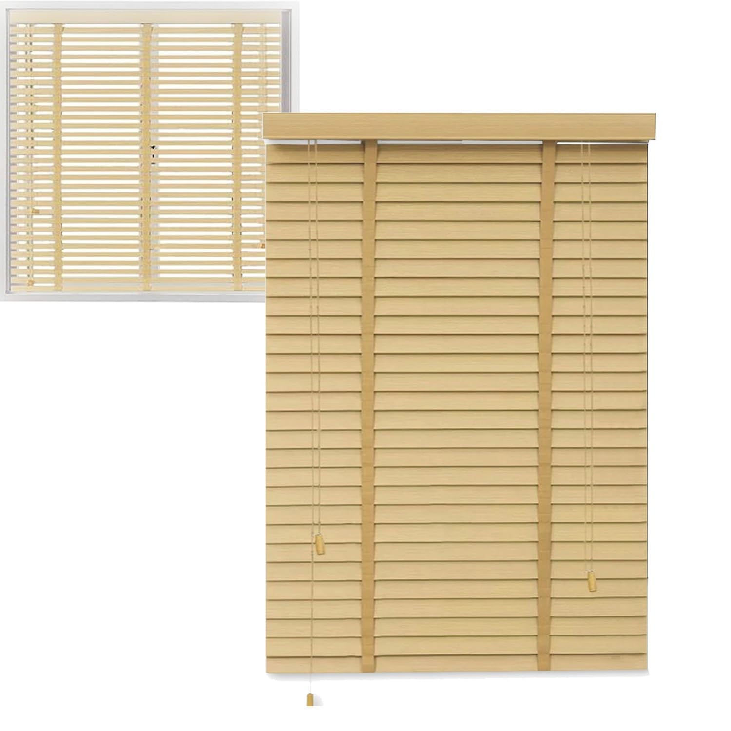 Store Vénitien en Bois Massif 33cm 45cm 60cm 75cm 90cm 100cm 125cm 140cm 160cm Stores Vénitiens Horizontaux D'occultation Isolation Thermique Volets(Beige)