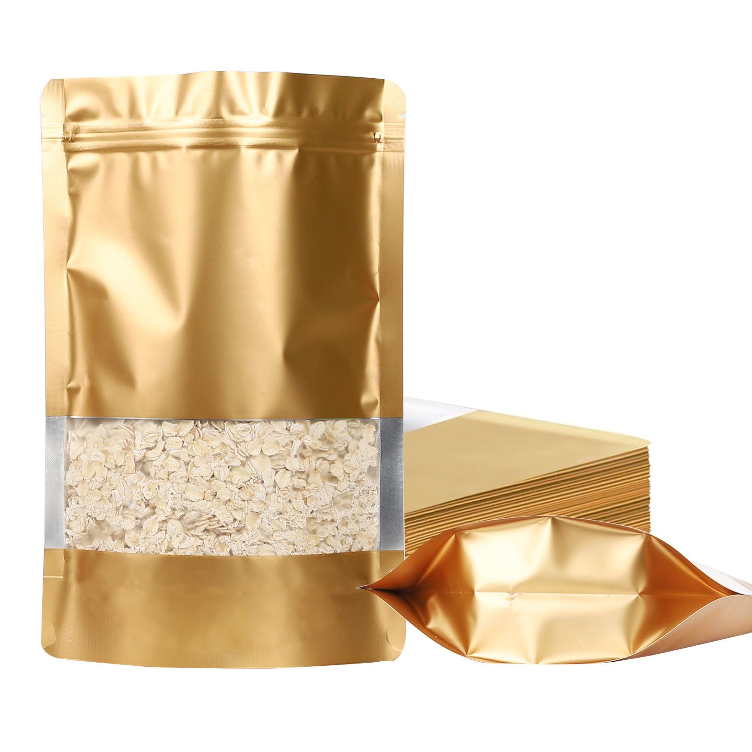 100 Pack Smell Proof Bags, Resealable Mylar Bags with Matte Window, Foil Pouch Stand-up Bags for Food Self Sealing Storage, Scratch Resistant Hand Storage Bags.(Gold, 4.7×7.9 Inch)