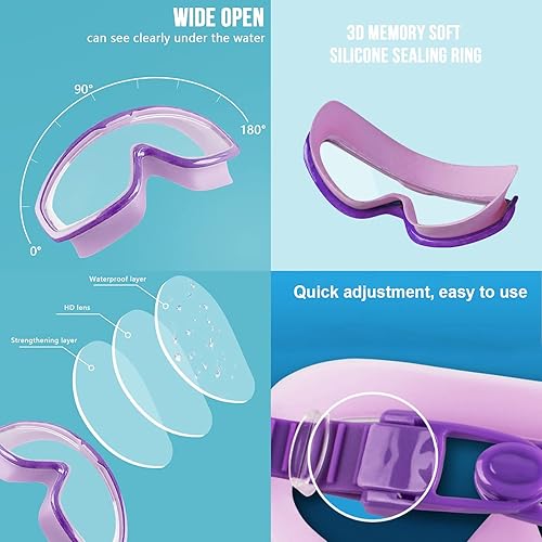 Miniatura 4 de ProChosen Gafas de natación para niños, paquete de 2 gafas de natación para niños de 6 a 14 años, antivaho con protección UV, visión amplia, gafas