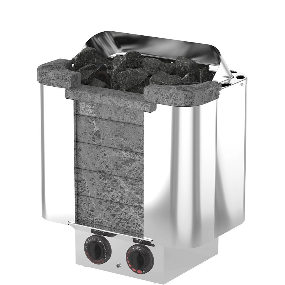 SAWO Cumulus 6,0 kW Stufa elettrica per sauna; controllo integrato direttamente sulla stufa (NB modelo); Multi-Voltaggio: 230V monofase o 400V trifase; Custodia in acciaio inossidabile