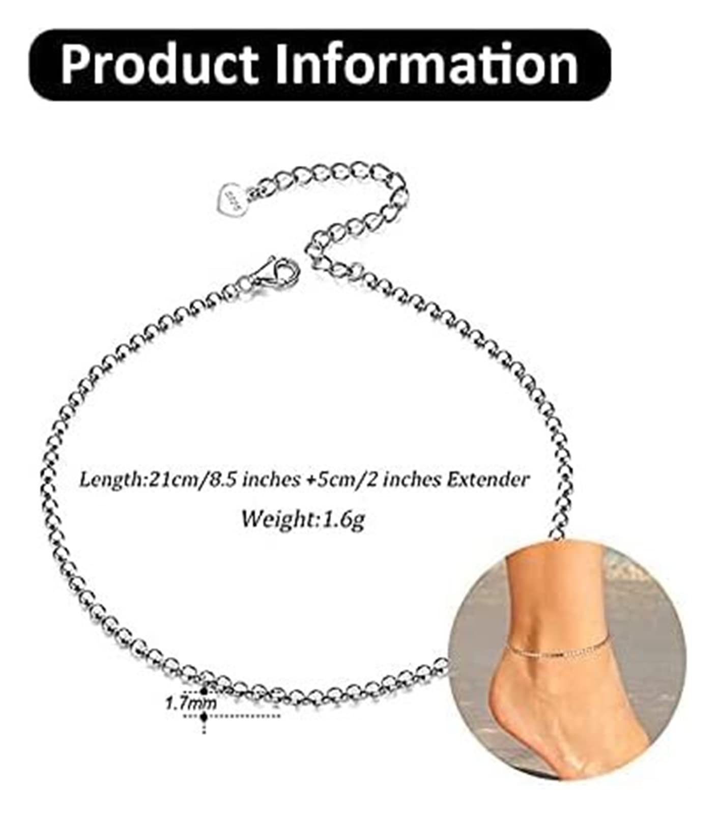 HLTYGWX Braccialetti alla Caviglia Estiva Cavigliera a Catena in Argento Sterling con Perline Piatte per cavigliere da Ragazza per Gioielli da Spiaggia per Feste in Spiaggia