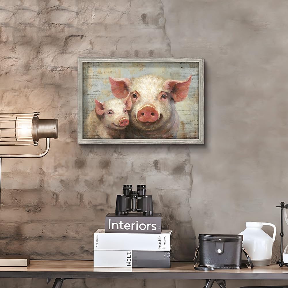 イギリス購入★木製額入り絵 PIG & SHEEP Amazon.com: Farm Pig Wooden Framed Decor: Rustic Farmhouse Animal