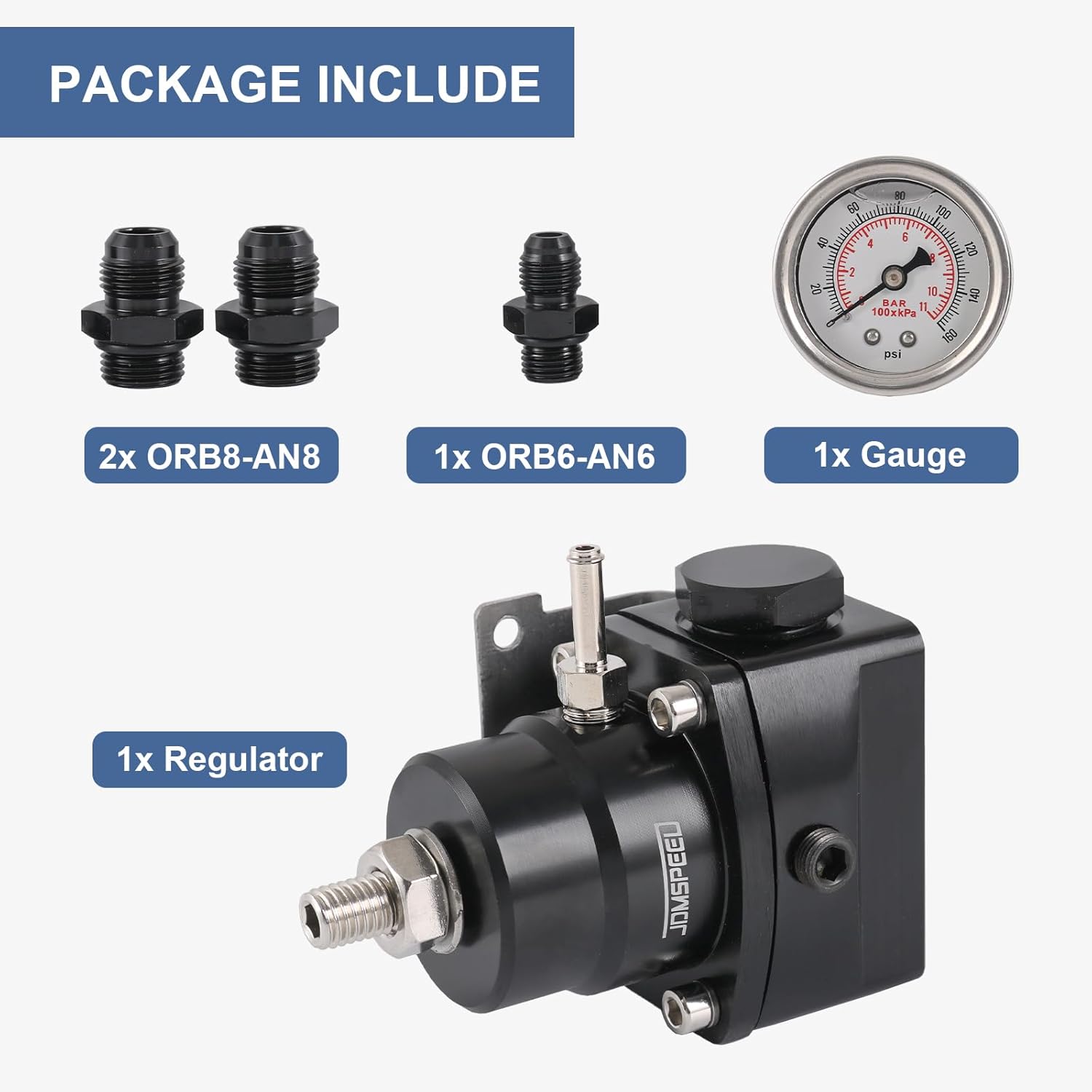 Fuel Pressure Regulator AN8 Feed & AN6 Return Line with 0-160PSI Gauge Black