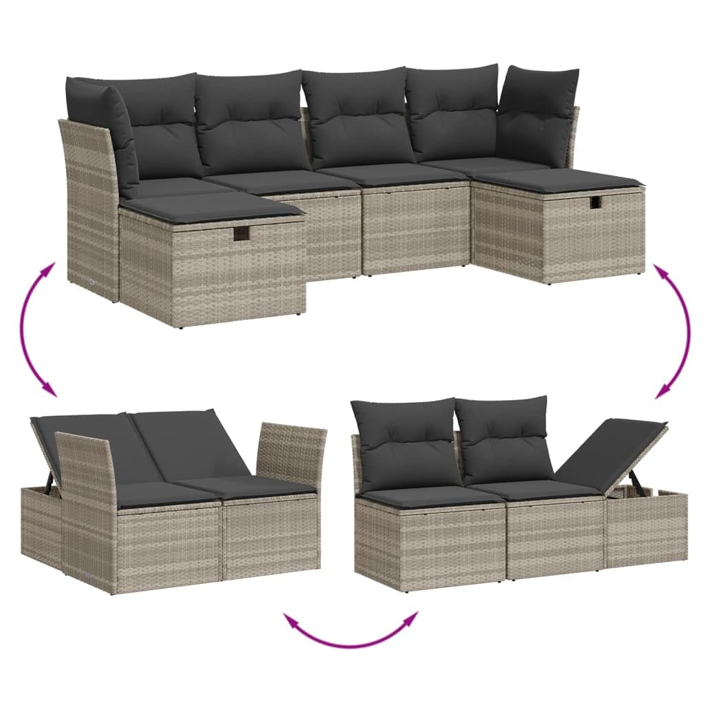 Set di 6 divani da giardino grigio chiaro con cuscini in polyrattan, set di mobili da giardino resistenti alle intemperie, per terrazza, balcone e giardino d'inverno, set lounge con divano