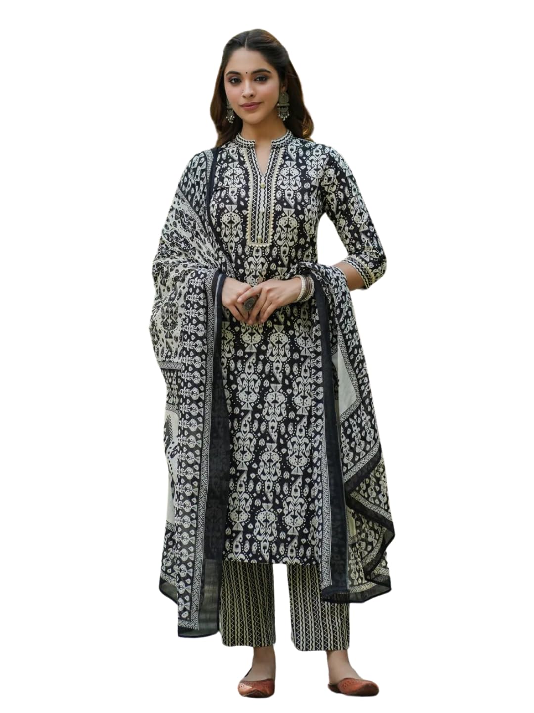 Nainvish Women's Rayon Printed Straight V-Neck Kurta Pant With Dupatta (Sd685_Kbd-M_Black)
