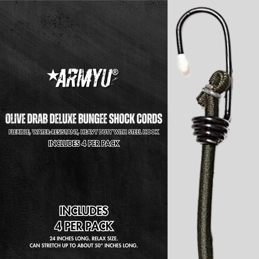 ARMYU Heavy Duty Secure Bungee Shock Cords with Steel Hooks - Olive Drab, 24