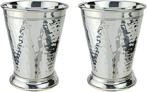 Juego de 2 vasos de julep de cobre martillado con plato de plata pura