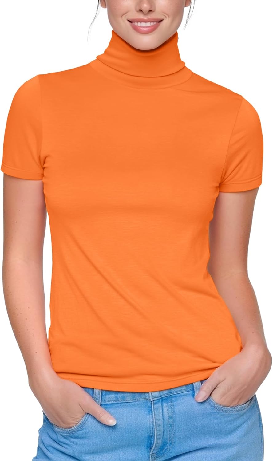 Zengjo Long Sleeve Turtleneck Women Stretch/Short Sleeve Tops Fitted Tee Shirt - Image 2