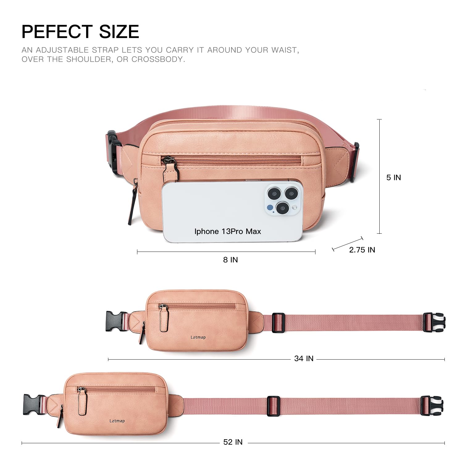 LATMAP 2L Bumbag Fanny Packs for Women Man Belt Bag Small Fashion Crossbody Bag Waist Pack Faux Leather Waterproof Chest Bag Trendy Trendy (Pink) - Image 4
