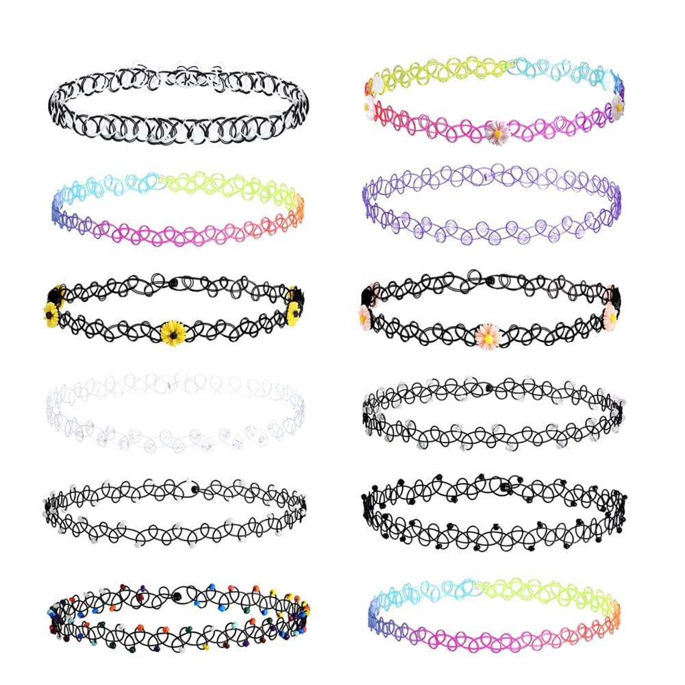 LICQIC 90s Choker Necklace Kit, 12Pcs Tattoo Choker Necklace, Elastic Stretchable Neon Chokers, Gothic Tattoo Choker Chain Jewelry for Women Girls, Colourful